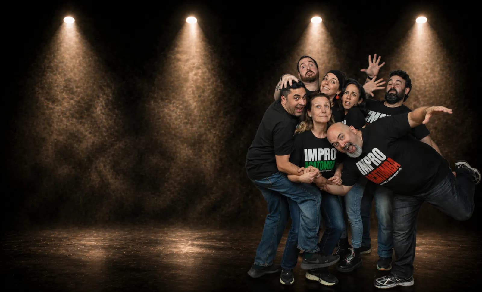 Impro Acatomba sobre un escenario con focos y humo